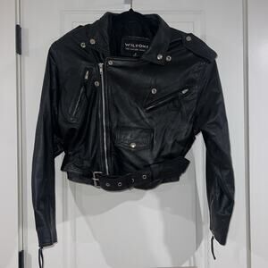 Wilson Leather Black Belted Motorcycle Jacket Genuine Leather Black Size M